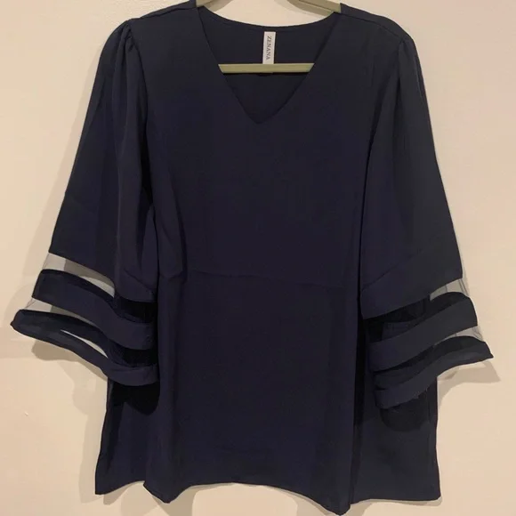 Alfani Navy Blue Sheer Sleeve Blouse - Picture 2 of 2